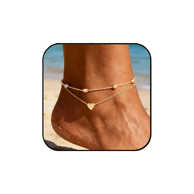 ARTMISS أرتميس أساور كاحل نسائية متعددة الطبقات على شكل قلب ذهبية مزينة بخرز مجوهرات قدم رقيقة للنساء لصيف الشاطئ حافي القدمين - Image 1